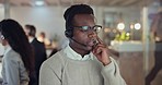 Callcenter agent, thinking and black man consulting with advice, sales or help desk worker with headset. Phone call, telecom office and customer support consultant problem solving at service agency.