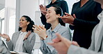 Success, applause and presentation with professional group or collaboration for meeting at office. Business, people and clapping hands for support or achievement in startup with marketer or support.