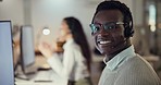 Portrait of callcenter agent, smile and black man consulting with advice, sales or help desk worker in headset. Phone call, telecom office and happy customer support consultant at crm service agency