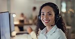 Portrait of callcenter agent, smile and woman consulting with advice, sales or help desk worker with headset. Phone call, telecom office and happy customer support consultant at crm service agency.