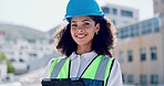 Tablet, face and engineering woman in city for urban development, project management and industry 4.0. Digital technology, safety and quality control worker or african person for architecture design