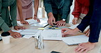 Paperwork, finance and accountant group or employees planning a budget strategy for company or startup growth. Document, discussion and team or professional people talking profit for collaboration