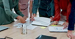Creative people, hands and meeting with documents in team strategy, discussion or planning at office. Group of employees talking in project plan or collaboration with paperwork for startup on desk