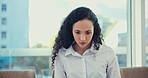 Human resources, interview and a business black woman waiting in an office for recruitment or job opportunity. Hiring, employee and a young female candidate for a vacancy sitting on a chair at work