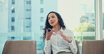 Communication, phone call or memo with a business woman on a chair in the waiting room of an office. Planning, contact and voice recording with a young employee in conversation on her mobile at work