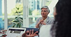 Meeting, senior woman and leader in business, project management or conversation with staff, employees or team. Leadership, ceo and businesswoman listening to plan, market research or stats report