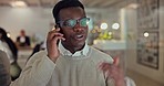 Cellphone, computer and black man in office, negotiation and conversation with sales advice. Phone call, lead generation and consultant with networking, deal info and advisory business discussion.