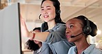 Asian woman, call center and coaching team in customer service, support or telemarketing at office. Female person, manager or coach training staff, consultant or agent for online advice at workplace
