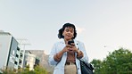 Happy woman, walking in city and texting with phone, reading email or social media meme online. Technology, communication and checking schedule on break on cellphone, mobile app and internet outside.