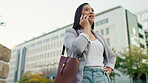 Phone call, networking and business woman in city for communication, contact and mindset. Technology, corporate and conversation with employee in outdoors for feedback, development and connection