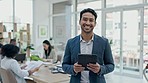 Businessman, tablet and meeting in project management, leadership or online research at office. Portrait of happy asian man, employee or team manager on technology for group strategy or career goals