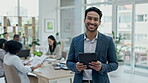 Businessman, tablet and meeting with smile in leadership or project management at the office. Portrait of happy asian man, employee or team manager with technology for group strategy or career goals