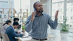 Business, phone call and black man with anger, screaming and frustrated with connection, mistake and glitch. Male person, employee and leader with a smartphone, angry and stress with conversation