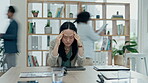 Asian woman, headache and stress in depression, anxiety and time lapse of chaos or busy office. Tired female person, mistake or overworked employee in burnout, fatigue or business crisis at workplace