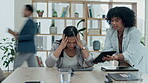 Woman, headache and stress in depression, anxiety and time lapse of chaos or busy office. Tired female person, mistake or overwhelmed employee in burnout, fatigue or business crisis at the workplace