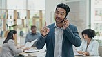 Businessman, phone call and conversation in meeting for communication, leadership or networking at office. Asian man talking on mobile smartphone in team discussion for business proposal at workplace