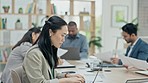 Business woman, meeting and lawyer notes for data analysis in a office. Conference room, Asian female person and professional reading a law review and attorney report with staff for a project