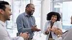 Success, applause or happy business people in office with goals or sale target achievement together. Clapping, team support or excited colleagues in celebration of winning deal in startup  together 