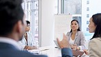 Business people meeting, leader pr question about development strategy, corporate agenda or group plan. Team collaboration, employee engagement or man raise hand to ask woman about project management
