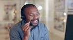 Man, call center and laugh of consultant talking about telemarketing and crm work. Office, African male professional and customer support online with conversation and advice with communication