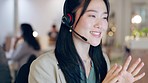 Customer service face, conversation and happy Asian woman consulting, networking or telemarketing on office support. Communication headset, consultation or female consultant talking at help desk