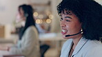 Customer service face, business conversation or happy woman consulting, networking or speaking on CRM telecom support. Communication headset, call center or female consultant talking on help desk mic