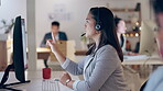 Call center, virtual assistant or Asian woman explaining in customer service, telecom or communication. Pointing, help desk or female sales agent with microphone headset at crm or technical support