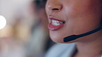 Call center, mic or mouth of talking woman in communication or speaking to help at crm or customer services. Closeup, contact us or sales agent girl consulting at telemarketing of technical support