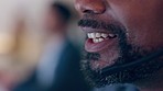 Man, call center and employee closeup with mouth talking about telemarketing and crm work. Office, professional and customer support online with conversation with advice and contact us discussion 