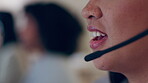 Call center, headset or mouth of woman consulting in communication or speaking at customer service. Mic closeup, contact us or sales agent girl talking at telemarketing, telecom or technical support