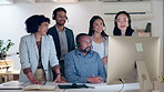 Training, team leader or manager in call center for telemarketing in customer services office. Learning, coaching or Asian leader teaching insurance agents on new job on computer for group mentorship