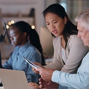 Corporate, manager help employee and talking with teamwork ...