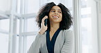 Corporate, business woman and phone call for communication in office with a smile and confidence. African entrepreneur person with a smartphone to chat to contact about network or connection deal