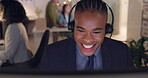 Call center, laughing and man at computer with a headset for telemarketing, customer service or crm. Face of a happy african male consultant for technical support, sales or advice at a help desk