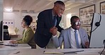 Call center, handshake and applause of business people on computer in office at night. Clapping, celebration and happy black men shaking hands for achievement, goal or teamwork for success in deal.