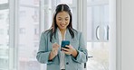 Happy woman with phone, smile in office and scroll on social media meme or email for business networking. Communication, internet and businesswoman with cellphone, mobile app and happy chat online.