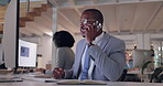 Computer, phone call and business with black man talking in office for communication or chat. Tech, contact and african male employee with a smartphone for networking or marketing with a smile