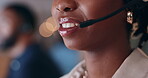 Closeup, talking and woman at a call center for advice, communication or online support. Contact us, consulting and mouth of a person speaking for telemarketing, customer service or sales in office