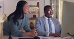 Computer analyst, training mentor and business people with project management at night in office. Leadership, coaching and happy black man and woman helping, learning or teaching intern on desktop.