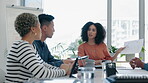Documents, presentation and business people in meeting collaboration, brainstorming or teamwork of marketing results. Listening, speaking and diversity group, agency manager or woman with paperwork