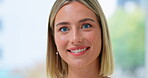 Woman, face or smile on mock up background in psychology clinic, modern office or wellness center. Portrait, happy or mental health psychologist in about us for professional trust and UK consultation