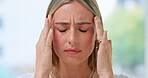 Headache, mental health. stress and face of woman sad over mistake, problem and frustrated with depression. Anxiety crisis, fail or closeup female person massage temple for migraine, pain or burnout