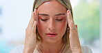 Burnout headache, massage and face of woman stress over crisis mistake, mental health risk or emergency. Fatigue, migraine and closeup person tired, anxiety and depressed with head pain problem