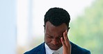 Headache, mental health and business face of black man stress over professional mistake, problem or mental health risk. Anxiety crisis, corporate fail or closeup African person sad with migraine pain