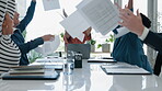 Documents, applause and a business team throwing paper in celebration of success together in the boardroom. Winner, teamwork or collaboration with a man and woman employee group cheering in an office