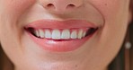 Happy, teeth and closeup smile of a woman for medical or dental health results. Mouth, wellness and lips and oral hygiene of a person or dentist patient showing progress of whitening or treatment