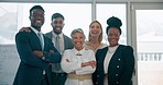Business people, arms crossed and leader with face in office for mission, diversity and smile together. Men, women and senior ceo with collaboration, support and portrait with teamwork in marketing