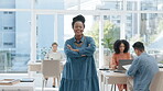 Office pride, face and a black woman with arms crossed for workplace management and coworking. Happy, expert and portrait of a mature African employee with confidence in a professional office