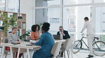 Bike, business man and arrive for meeting with a team in the office for planning or strategy together. Collaboration, eco friendly transport and a colleague group in the boardroom for discussion