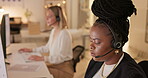 Talking, night or black woman consultant in call center speaking or networking online in telecom sales. Tech support, typing or insurance agent in communication or conversation at customer services